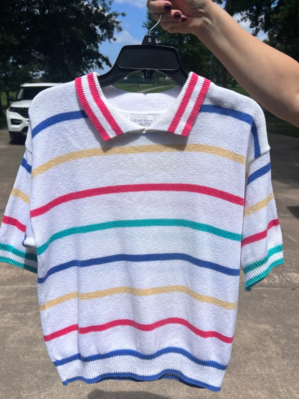 Cabernet Sport White Striped Short-Sleeve Knit Polo Sweater